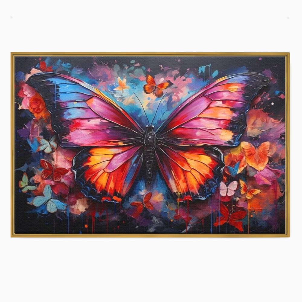 Tablou canvas cu tablou canvas cu fluture central multicolor, in rama de aluminiu auriu